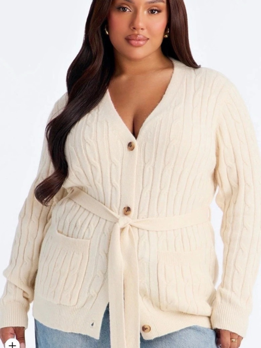Belted Button Up Cardigan Cable Knit Cardigan in Cream NWT